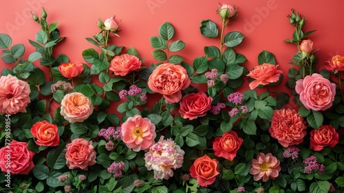  A pink backdrop showcases a collection of pink and red blooms Green foliage accompanies some flowers along the wall's edge