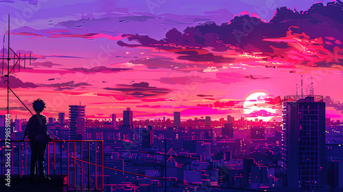 Synthwave anime manga illustration, city life, sunset, lofi vibes, dusk © Ainima Art