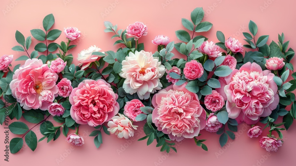 Pink flowers with green leaves against a pink backdrop Text space on the left Pink flowers with green leaves against a pink backdrop Text space on the left