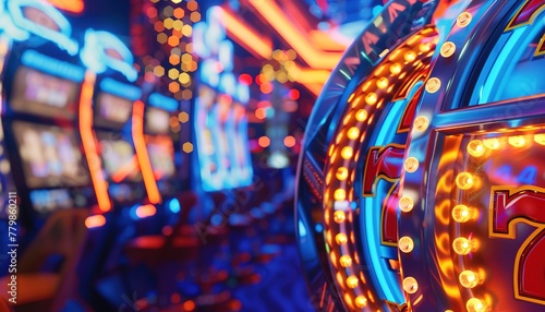 Vibrant casino scene: illuminated slot machines offering exciting gambling experience