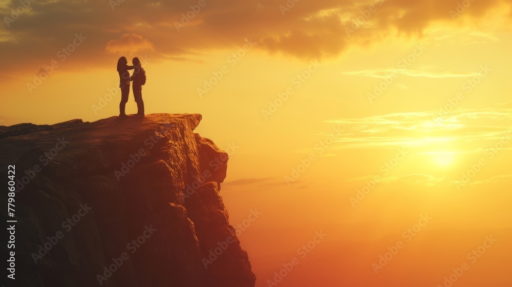 Silhouette of couple standing on a cliff overlooking a sunrise love couple background