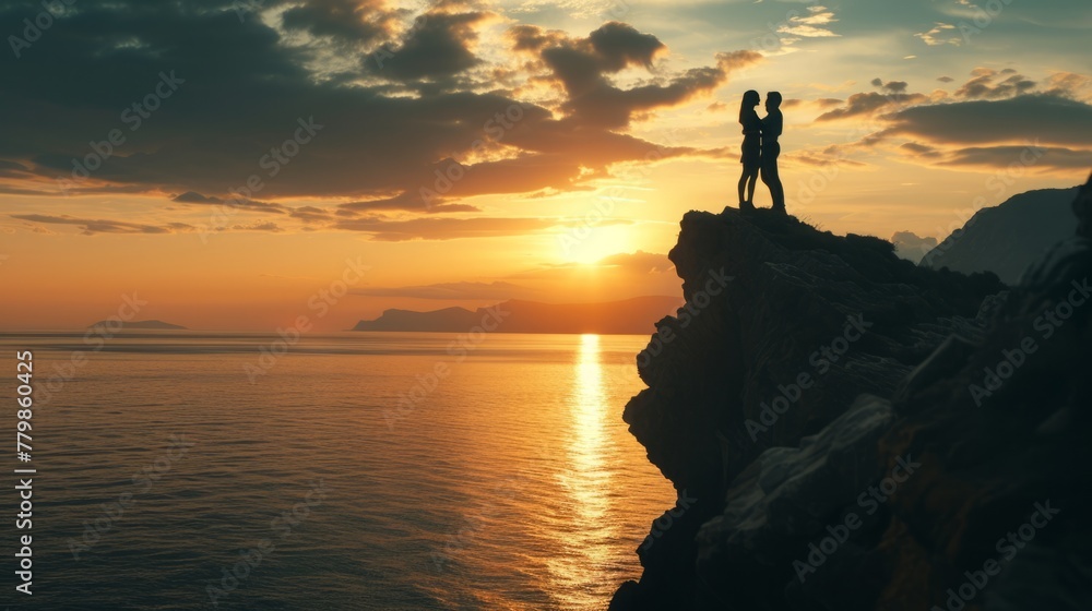 Sunset silhouette of couple standing on a cliff overlooking love couple background Sunset silhouette of couple standing on a cliff overlooking love couple background