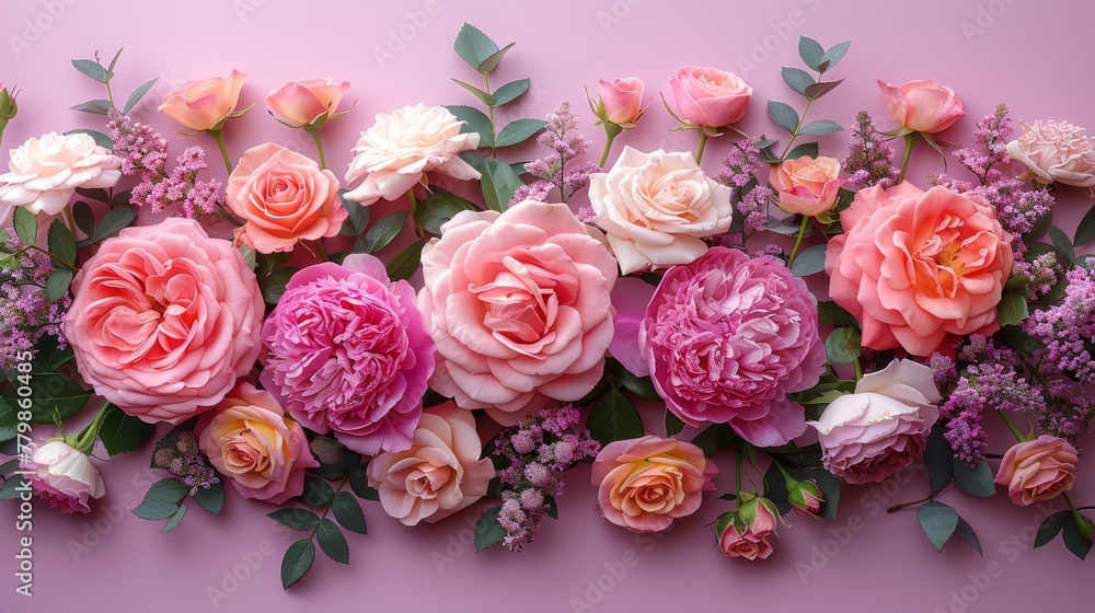 A tight shot of an arrangement of flowers against a pink backdrop The lower portion is occupied by leaves and flowers A tight shot of an arrangement of flowers against a pink backdrop The lower portion is occupied by leaves and flowers
