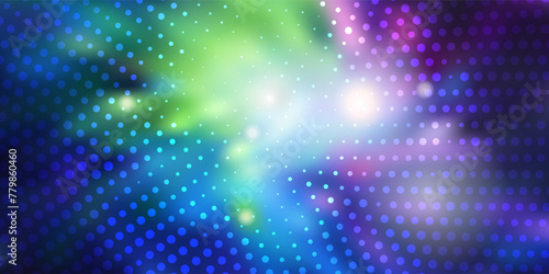 Neon blue night club mosaic background with halftone raster effect. Abstract music vector bg in retro style with gradient mesh and overlay pattern. Blurred motion lights and glares.