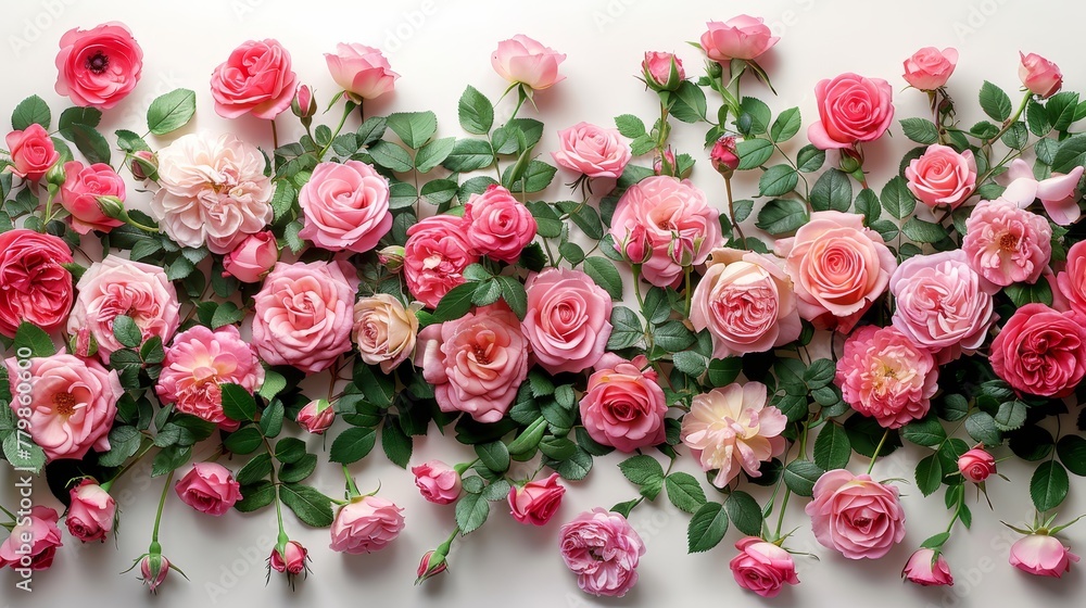A white background surrounded by a pink border, displaying several pink roses with green leaves A white background surrounded by a pink border, displaying several pink roses with green leaves