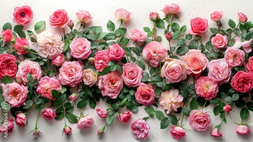  A white background surrounded by a pink border, displaying several pink roses with green leaves