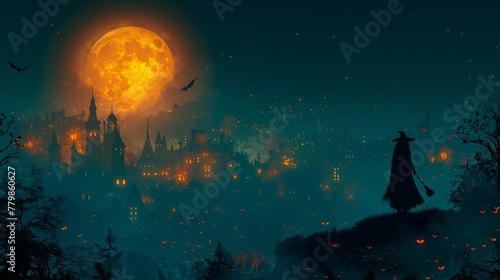 The full moon illuminates the city at night in a modern illustration banner illustrating the witch broom and her creature friends at Halloween.