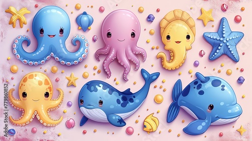 An underwater animals modern illustration set featuring bright icons stickers of cute sea animals, including ocean baby crabs, turtles, octopus, dolphins, seahorses, shells, starfish, and whale photo