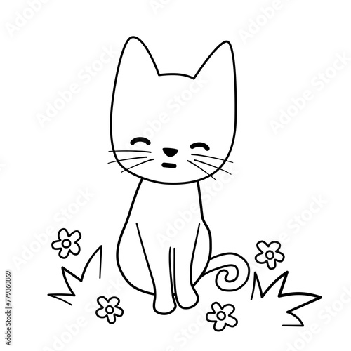 cute hand drawn black and white cartoon character smiling cat in the meadow vector illustration with daisy flowers and grass for coloring art