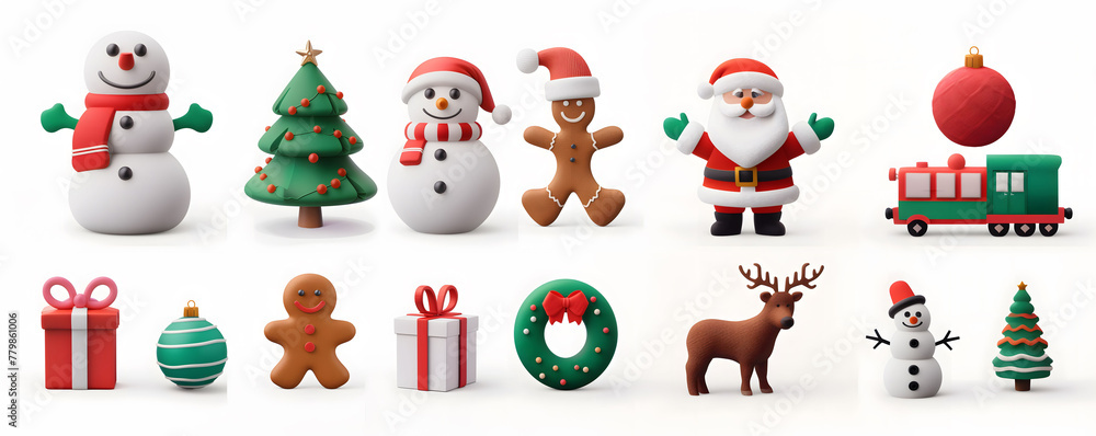 Naklejka premium 3d Icon Collection of Christmas Holiday Toys and Decorations: Snowman, Santa, Gingerbread Man