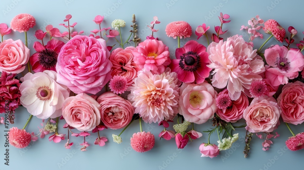 A blue backdrop adorned with a cluster of pink flowers, featuring pink and white blooms at its center A blue backdrop adorned with a cluster of pink flowers, featuring pink and white blooms at its center