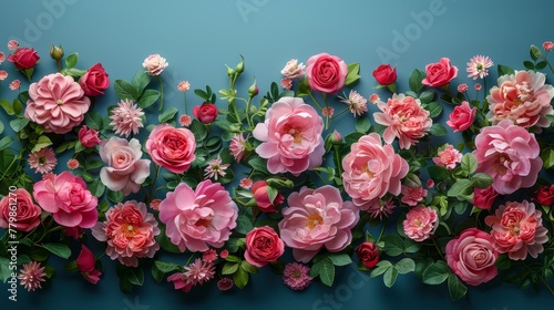  A blue backdrop adorned with a border of pink and red blooms, each bearing green leaves and pink or red petals inside