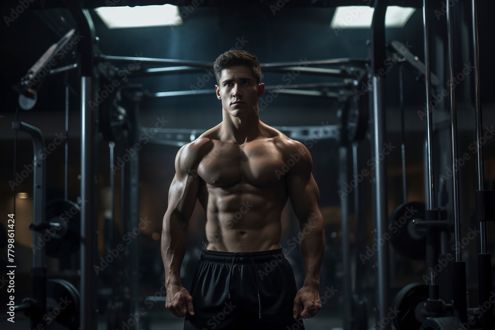 Bodybuilder with big muscles stands by a machine in the gym and looks at the camera Bodybuilder with big muscles stands by a machine in the gym and looks at the camera
