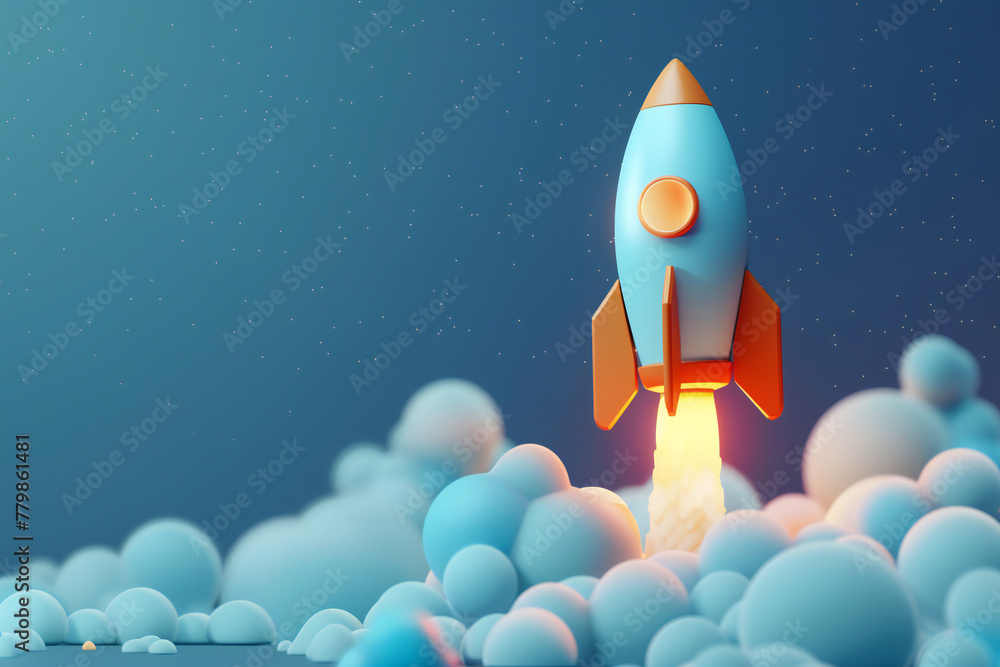 startup symbol, 3d rocket flying