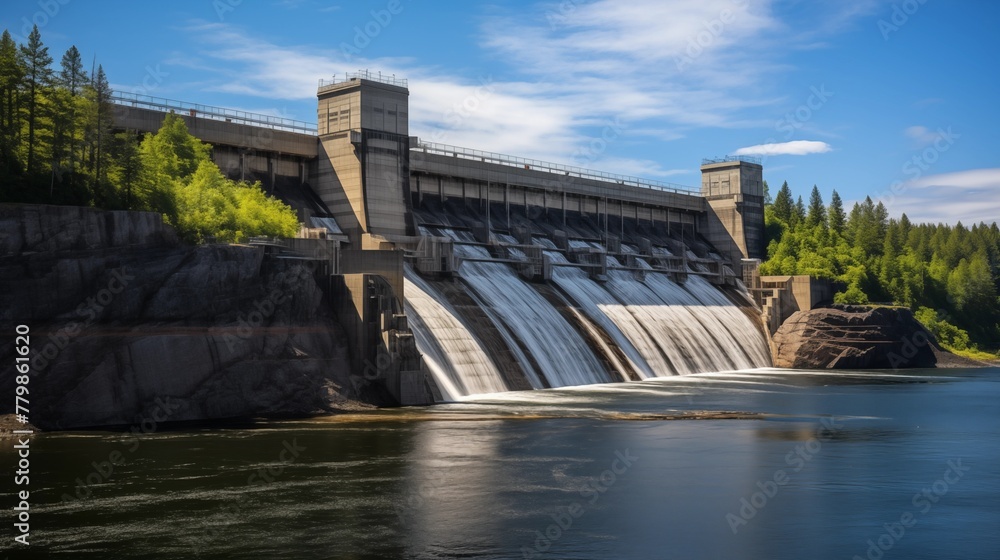Panoramic View of a Hydroelectric Dam Releasing Water into a Riv