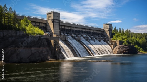 Panoramic View of a Hydroelectric Dam Releasing Water into a Riv