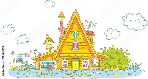 Little wooden village house half inundated with water from a river during spring flood in countryside, vector cartoon illustration on a white background