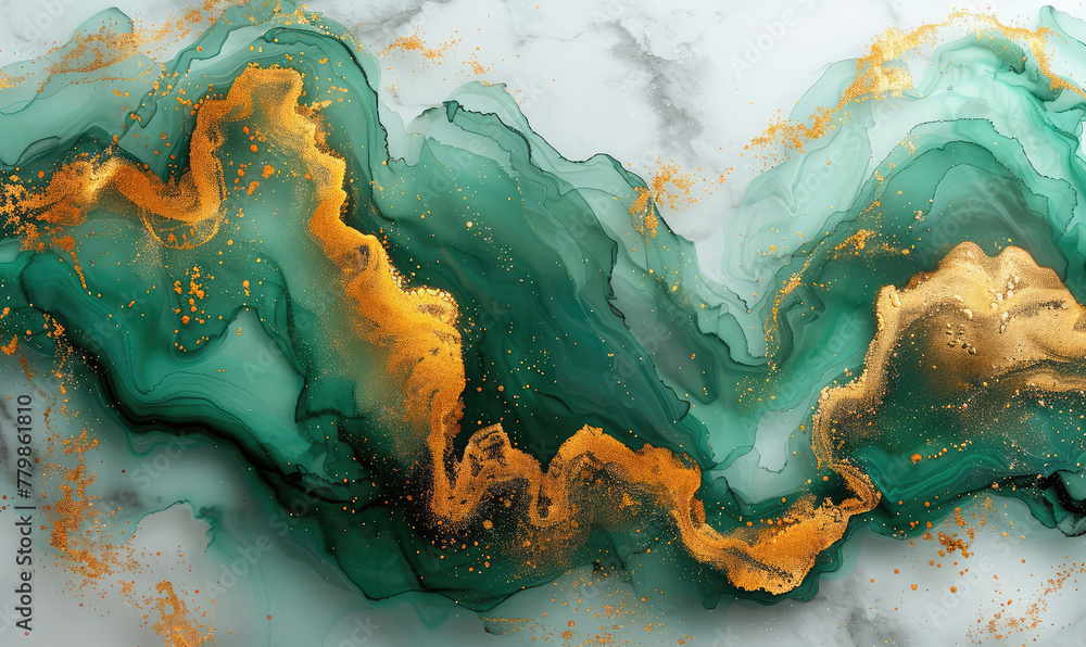 Abstract fluid art painting in emerald green and gold, marble background with flowing shapes and texture. Created with Ai