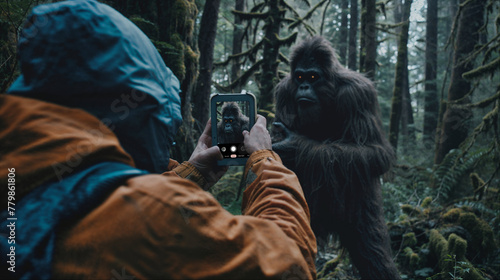 Hiker takes photo of a Bigfoot or Sasquatch type cryptid in the forest photo