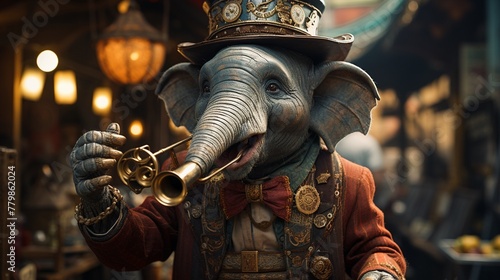 Retro elephant playing a trumpet