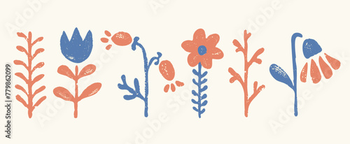 Vector set icon of vintage flowers in Scandinavian folk style. Vector retro rustic flowers.