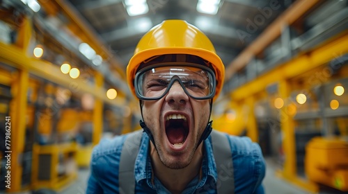 Enraged Industrial Worker Shouting in Safety Gear at Factory Workplace
