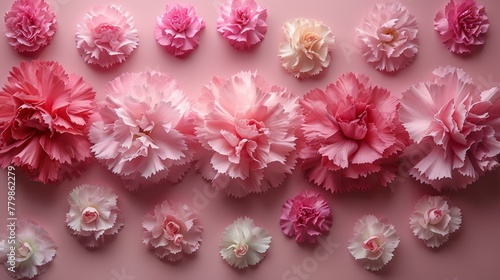  A pink background features a cluster of pink and white carnations, their blooms prominent in the center