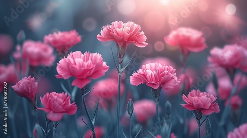  A field filled with blooming pink flowers beneath a sunlit sky with scattering clouds