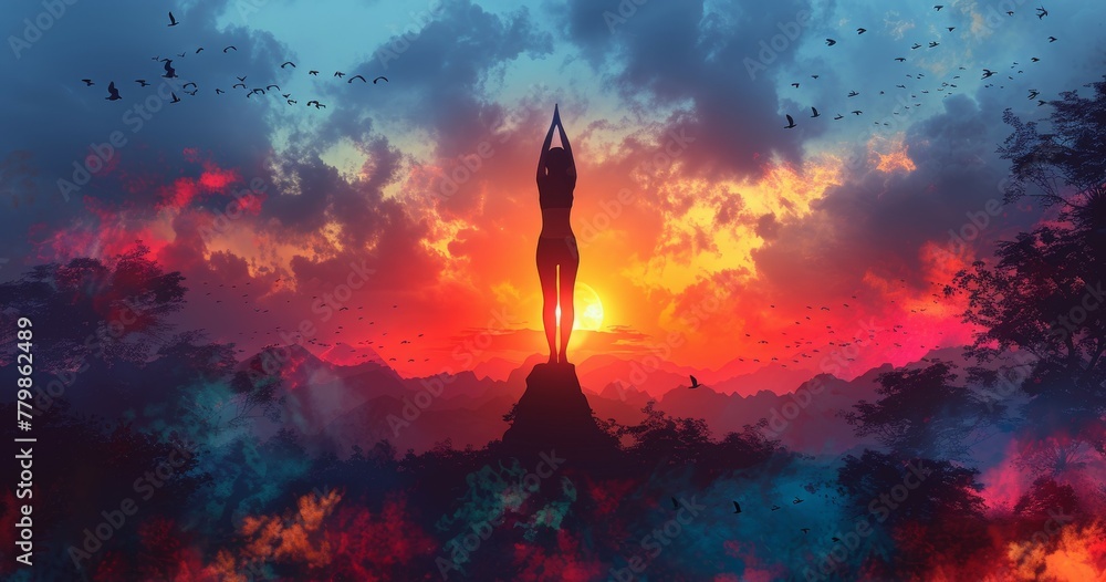 In this digital illustration, a girl is doing yoga at sunset in bright, fairyland colors against a mountain & bird background - obrazy, fototapety, plakaty 