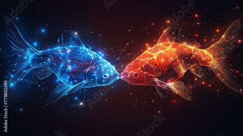   Two fish swimming side by side against a backdrop of blue and orange  dotted with stars above