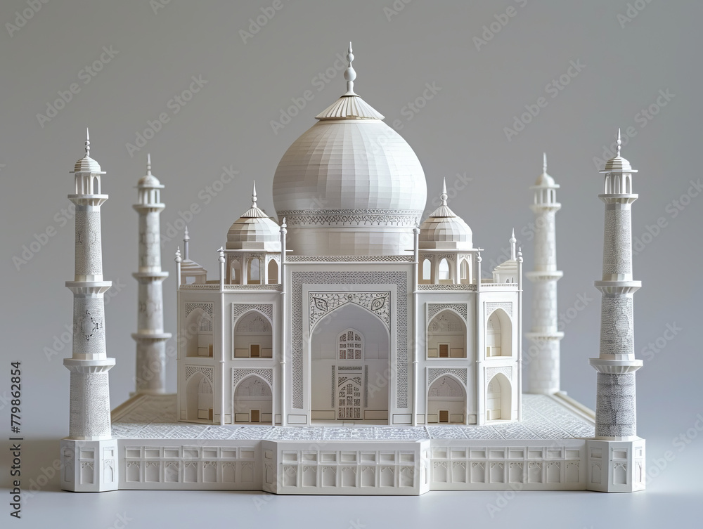 A white model of the Taj Mahal is displayed on a white background