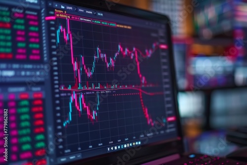 A computer monitor displays a graph of stock prices. The graph shows a downward trend, with the stock prices dropping significantly. Scene is one of concern and uncertainty