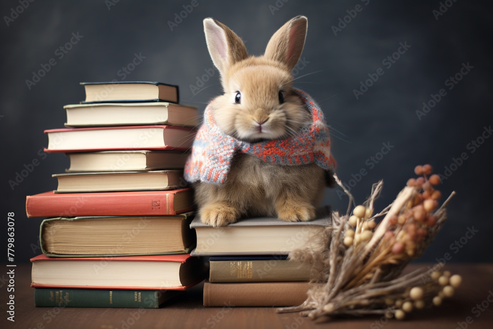 A fluffy bunny wearing a striped sweater, sitting on a stack of books.