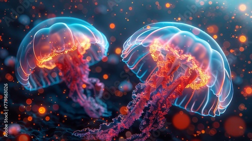   A couple of jellyfish rest atop the blue-reddened sea surface, near the ocean floor