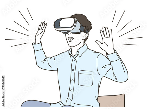 VRゴーグルを装着しながら驚く若い男性