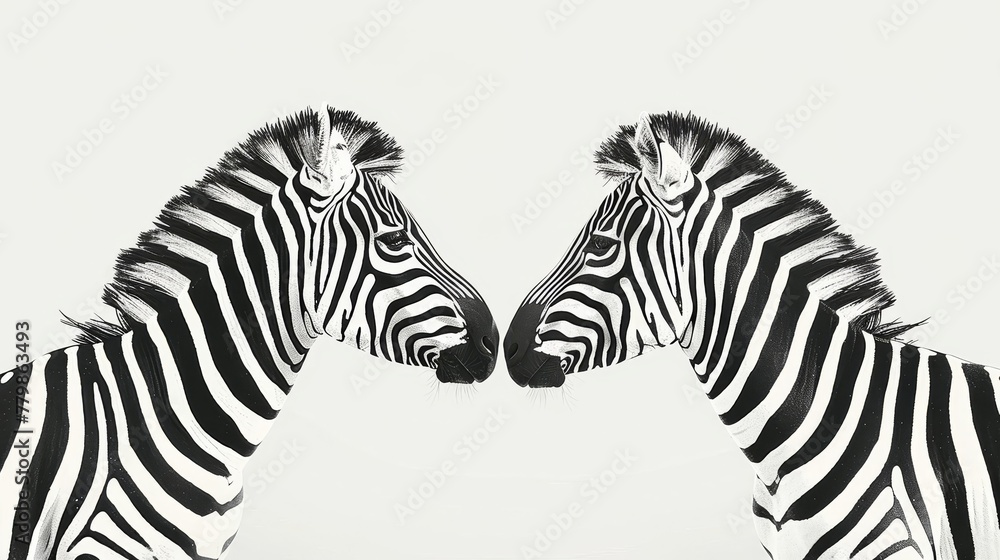 Fototapeta premium Two zebras face each other, heads close, against a white background