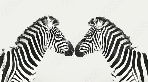   Two zebras face each other  heads close  against a white background