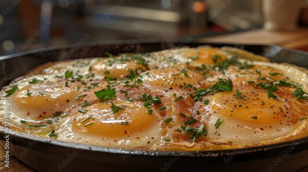 An omelette with eggs and parsley in a black skillet on a wooden table, kitchen setting An omelette with eggs and parsley in a black skillet on a wooden table, kitchen setting