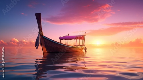 Traditional longtail boat on pristine Thai waters, sunset glow, documentary photo
