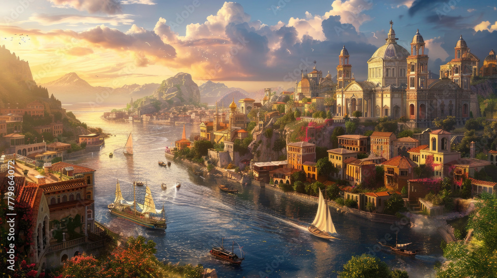 Obraz premium A painting depicting a city skyline on the banks of a flowing river, with boats sailing and buildings reflecting in the water