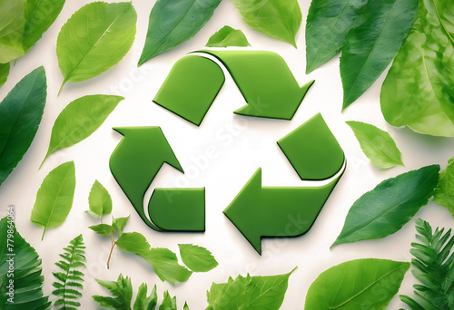 Green recycling symbol surrounded by a variety of fresh leaves on a white background, representing eco-friendly practices and environmental conservation.