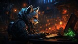 A futuristic fox hacker coding in a neon-lit cyber den