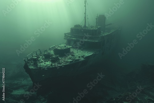 A shipwreck is seen in the ocean with a lot of debris and fish swimming around it. Scene is eerie and mysterious, as the ship is long gone and the ocean is filled with life © Yuliia