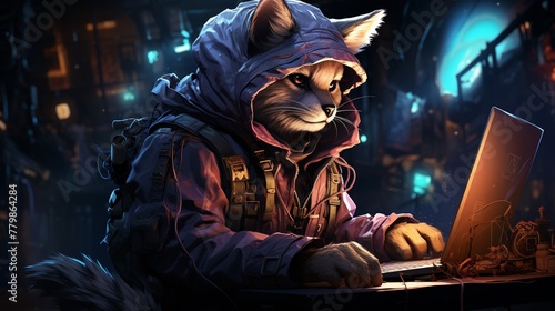 A futuristic fox hacker coding in a neon-lit cyber den