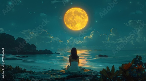 Summer vacation illustration of a girl relaxing on the beach looking at the ocean, sea, and moon
