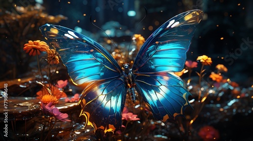 A holographic butterfly flitting through a digital garden © Parinwat Studio