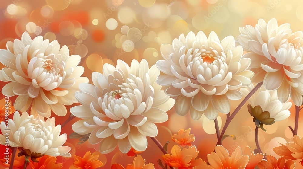  A tight shot of a flower cluster with an indistinct backdrop of orange and white blooms