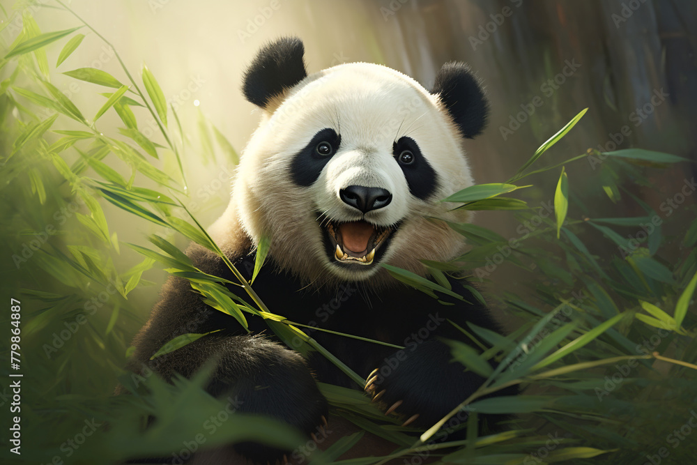 A fluffy panda wearing a bamboo-patterned shirt, munching on bamboo shoots.