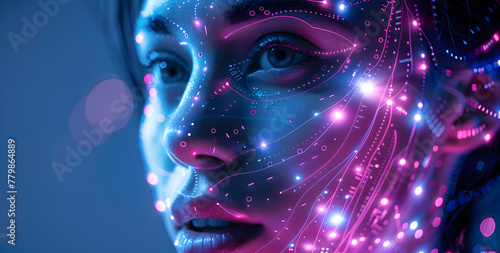 Futuristic technological neon high-tech closeup portrait of woman with glowing neon circuit traces in their skin © Oksana