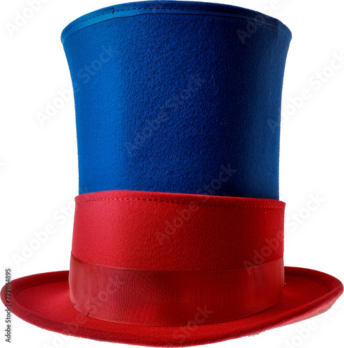 Striking red and blue shiny top hat, a classic costume accessory for performances and parties cut out on transparent background